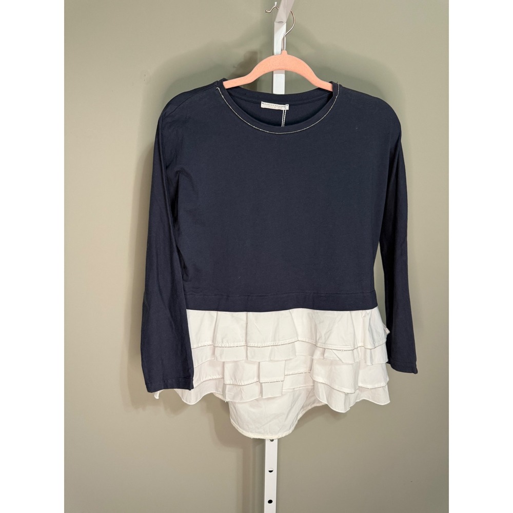 Hubert Gasser Navy Layered Ruffle Hem Top Size 8 NWOT Made In Italy Quiet Luxury
